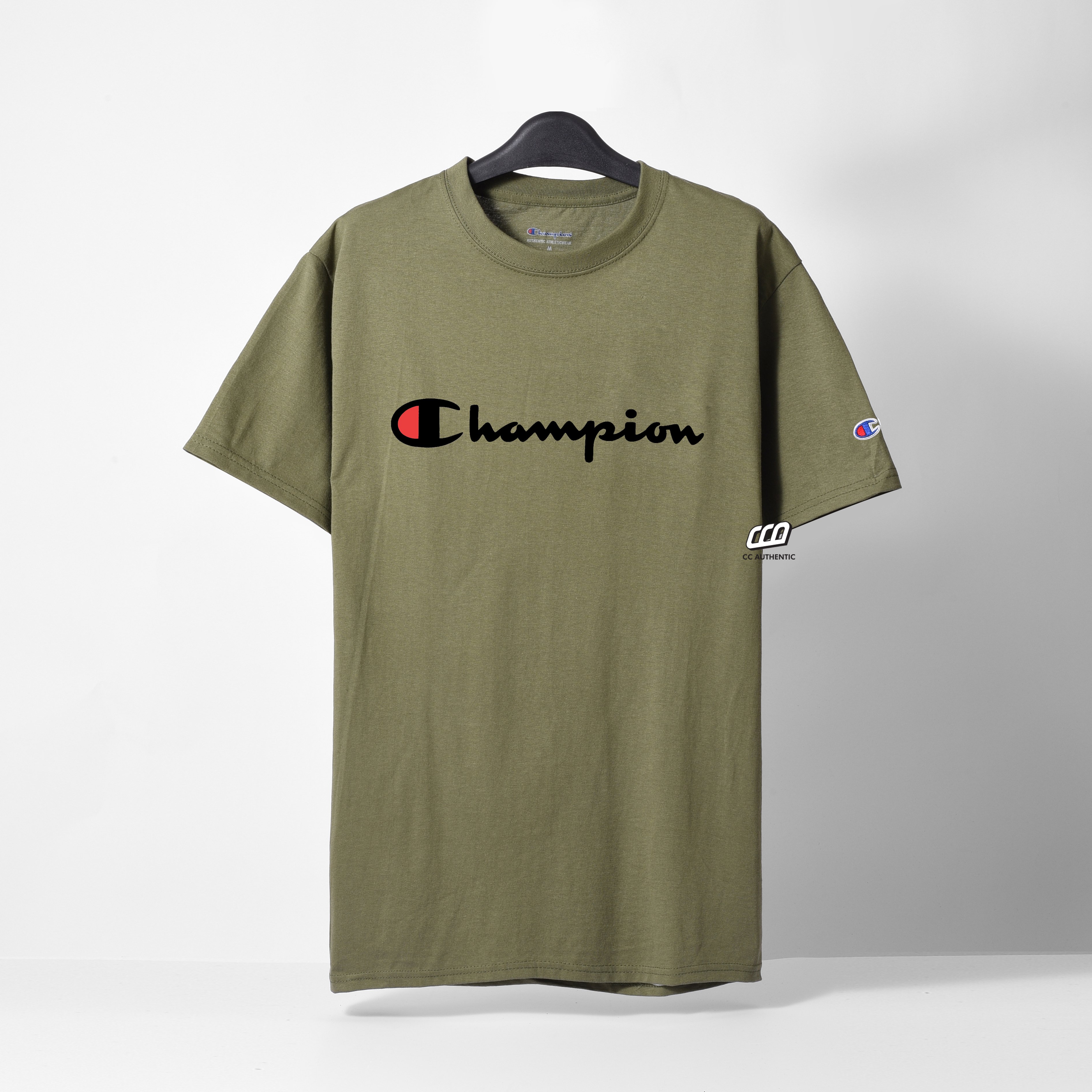 CHAMPION TAGLESS TSHIRT ,PRINTED LOGO - Fresh Olive