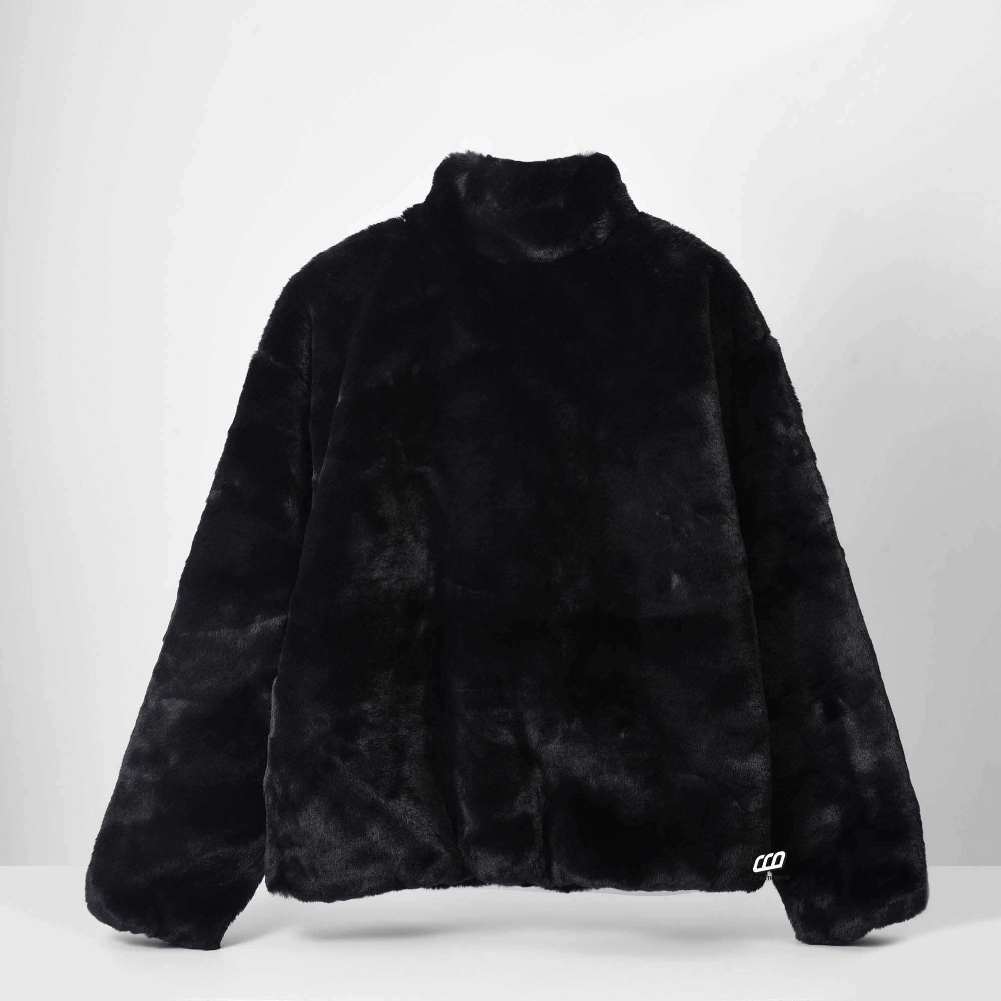 NIKE BIG SWOOSH FAUX FUR JACKET - BLACK