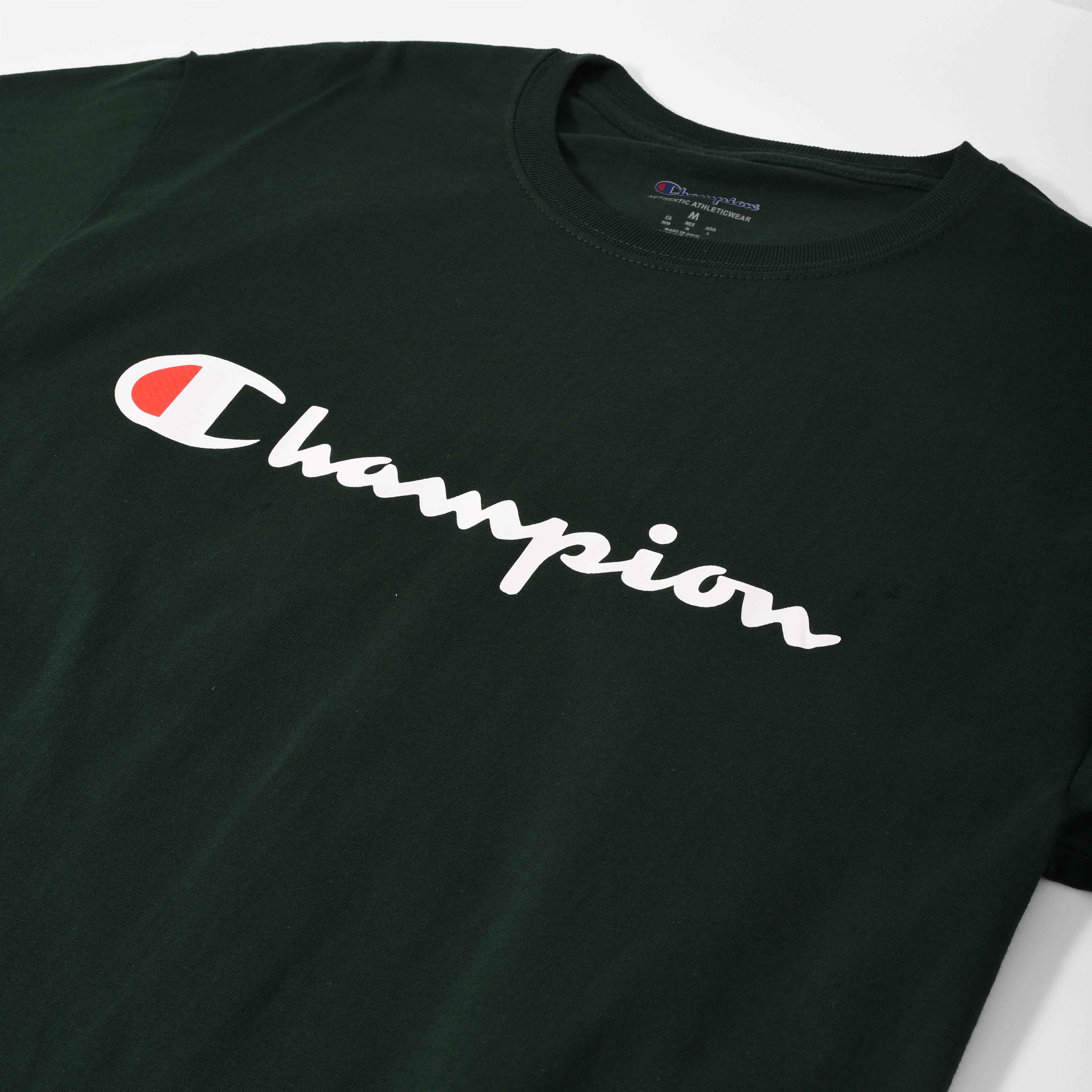 Champion Tagless Tshirt ,Printed Logo - Dark Green