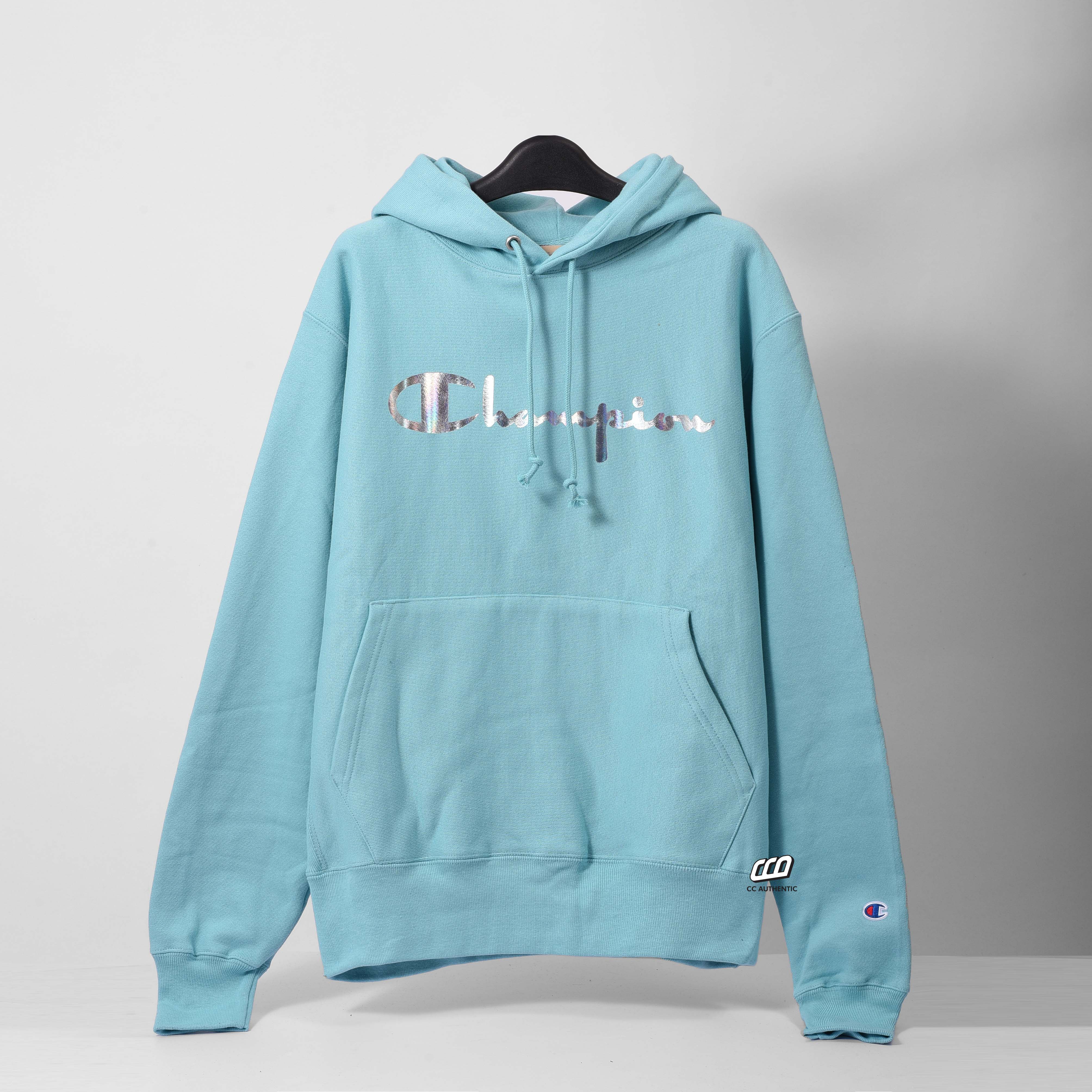 CHAMPION REVERSE WEAVE HOODIE RAINBOW FOIL - AQUA
