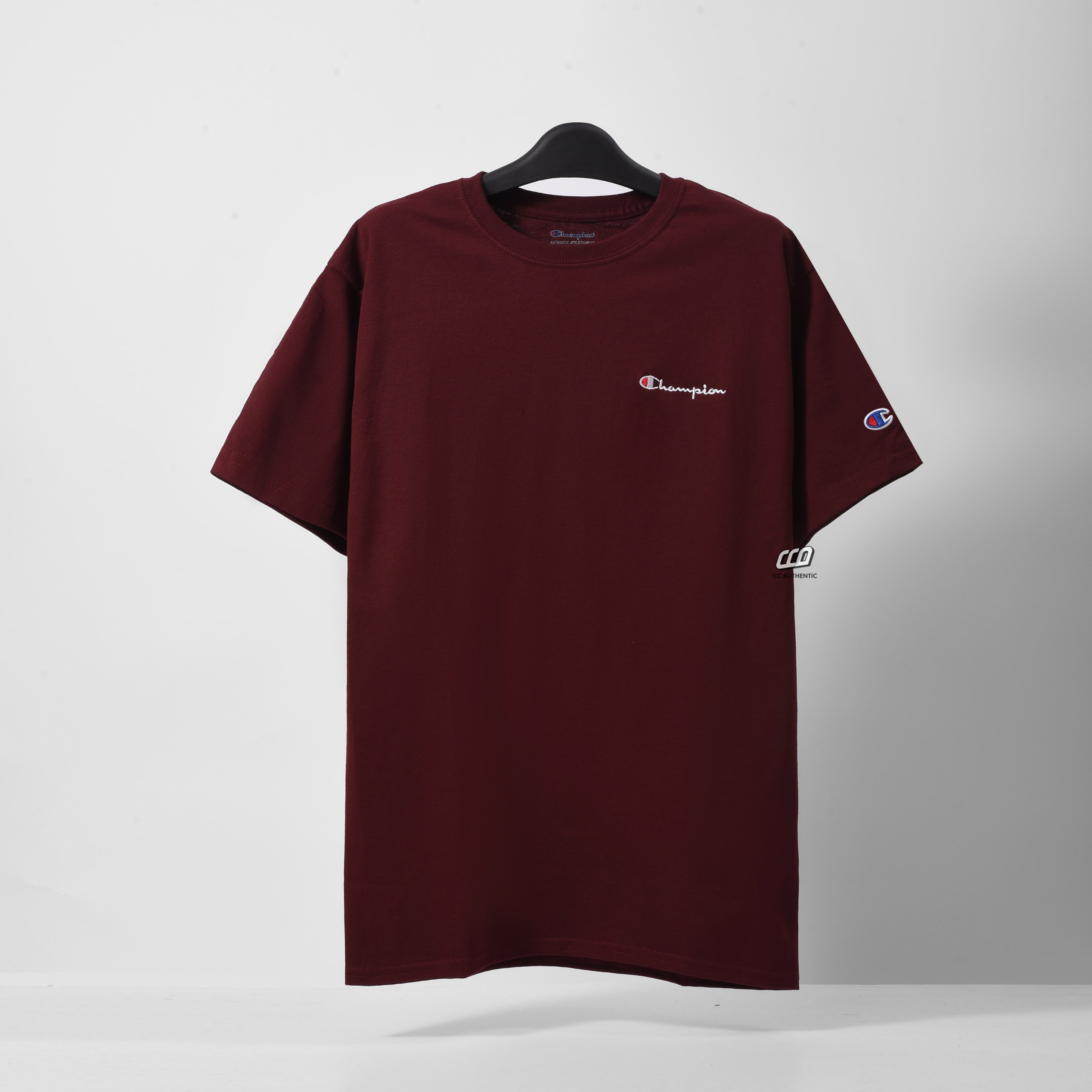 Champion Tagless Tshirt , Embroidered Logo - Maroon