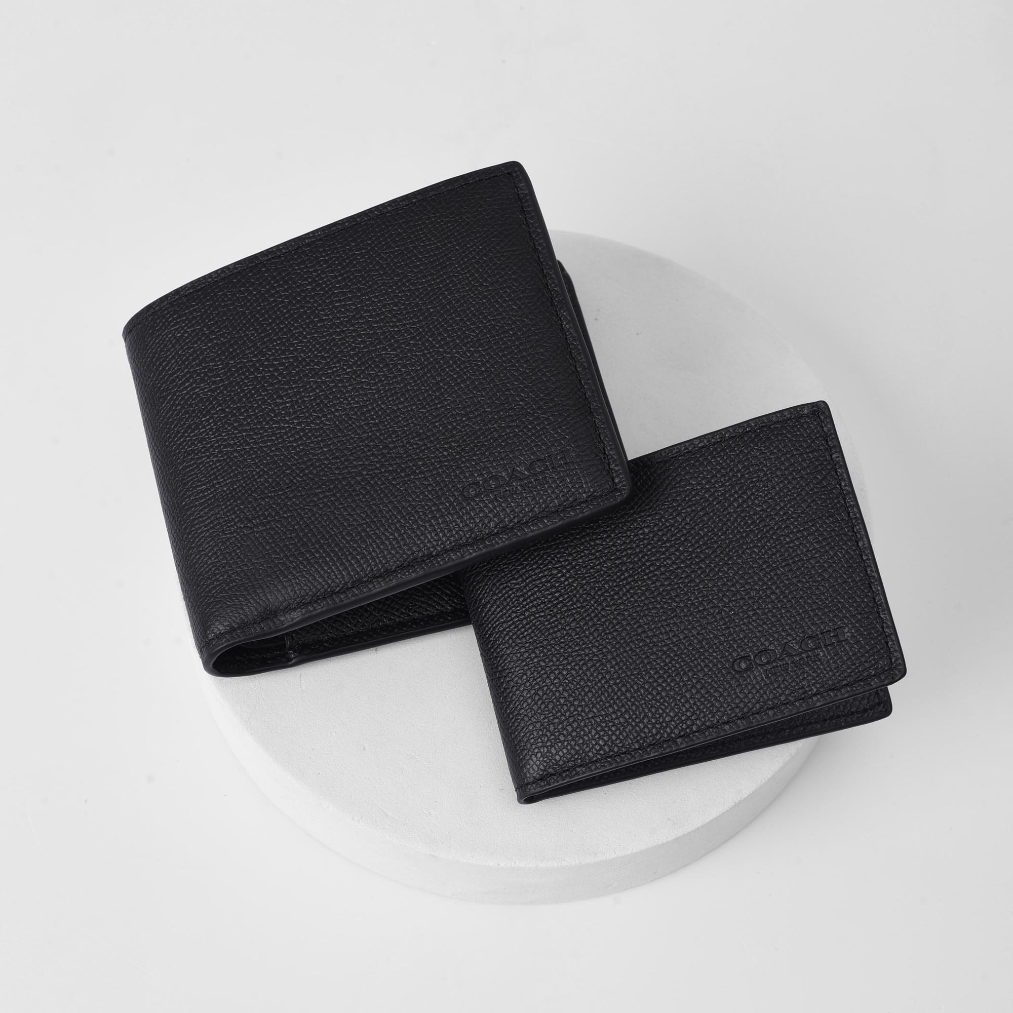 COACH CROSSGRAIN LEATHER DOUBLE WALLET - BLACK