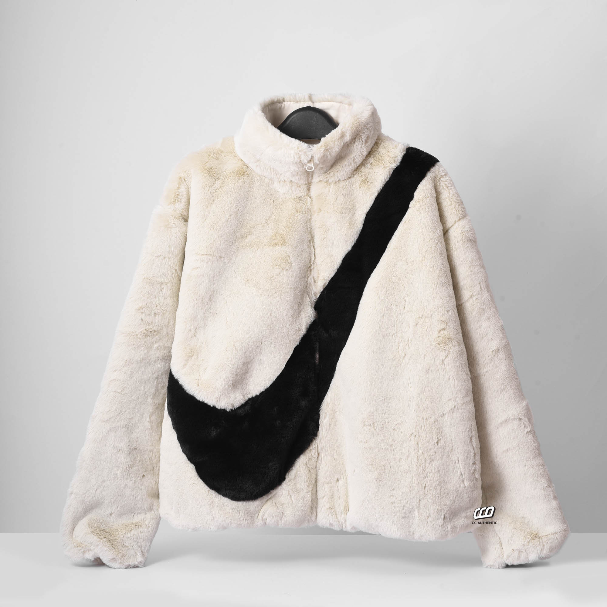 NIKE BIG SWOOSH FAUX FUR JACKET - CREAM WHITE