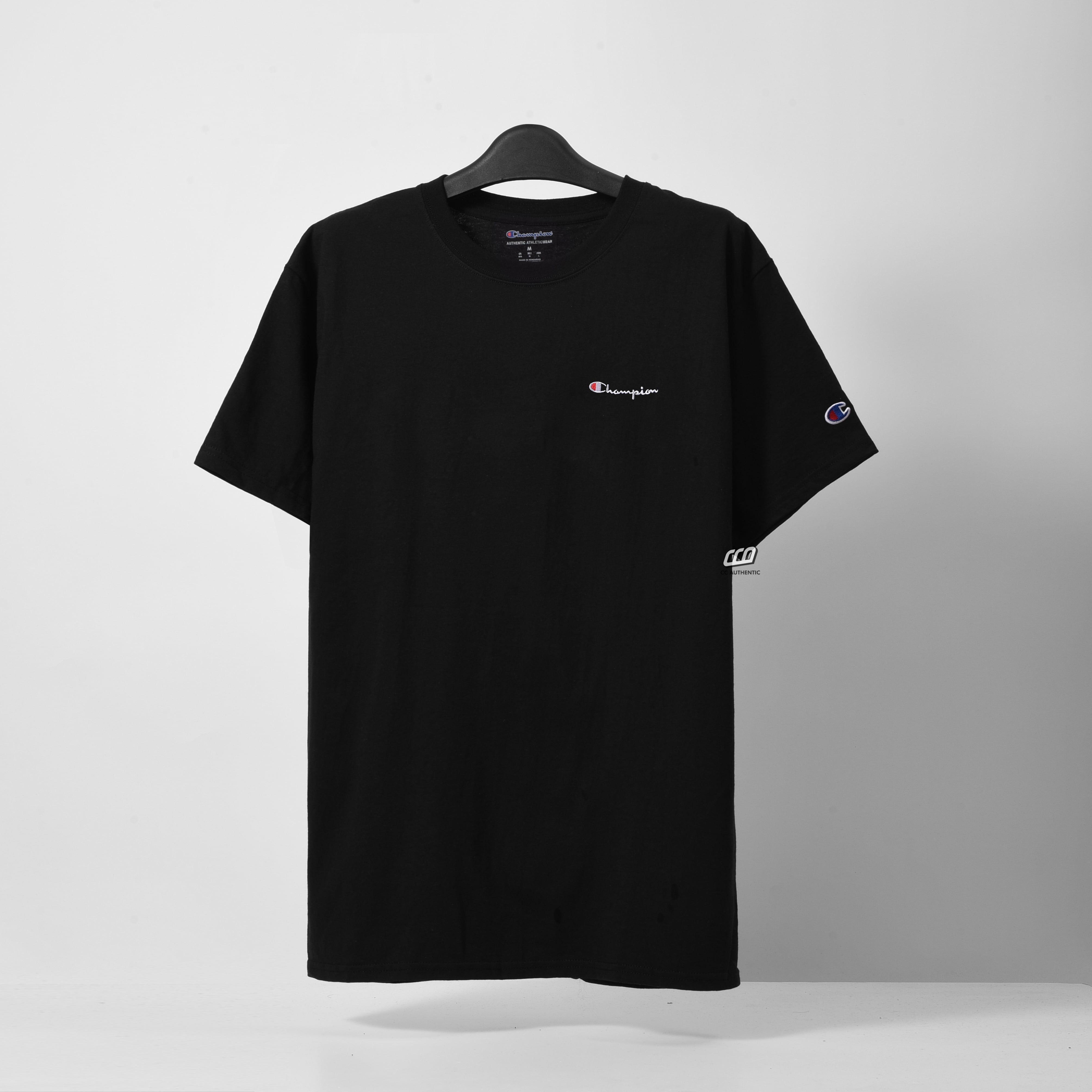 Champion Tagless Tshirt, Embroidered Logo - Black