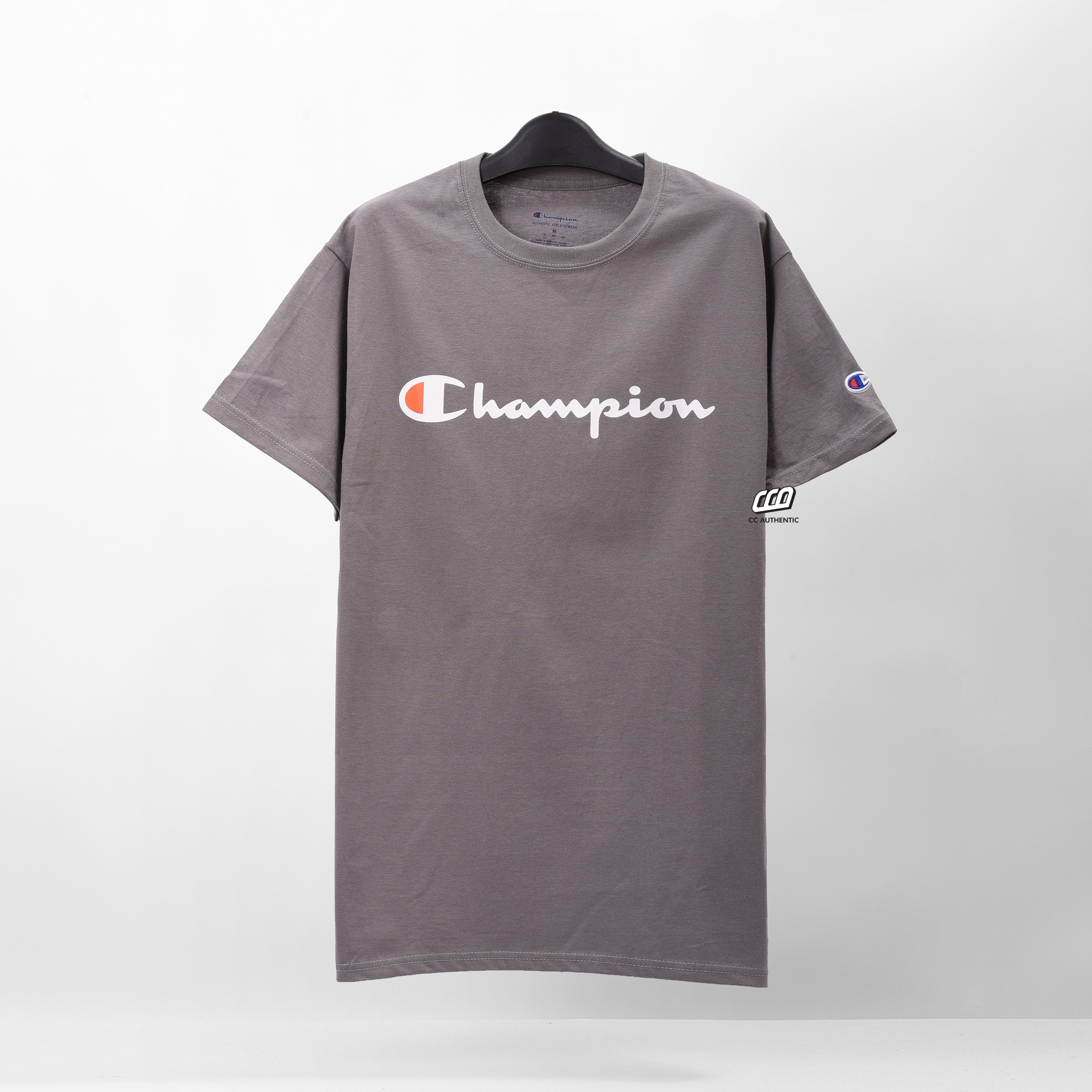 CHAMPION TAGLESS TSHIRT ,PRINTED LOGO -  Stone Gray