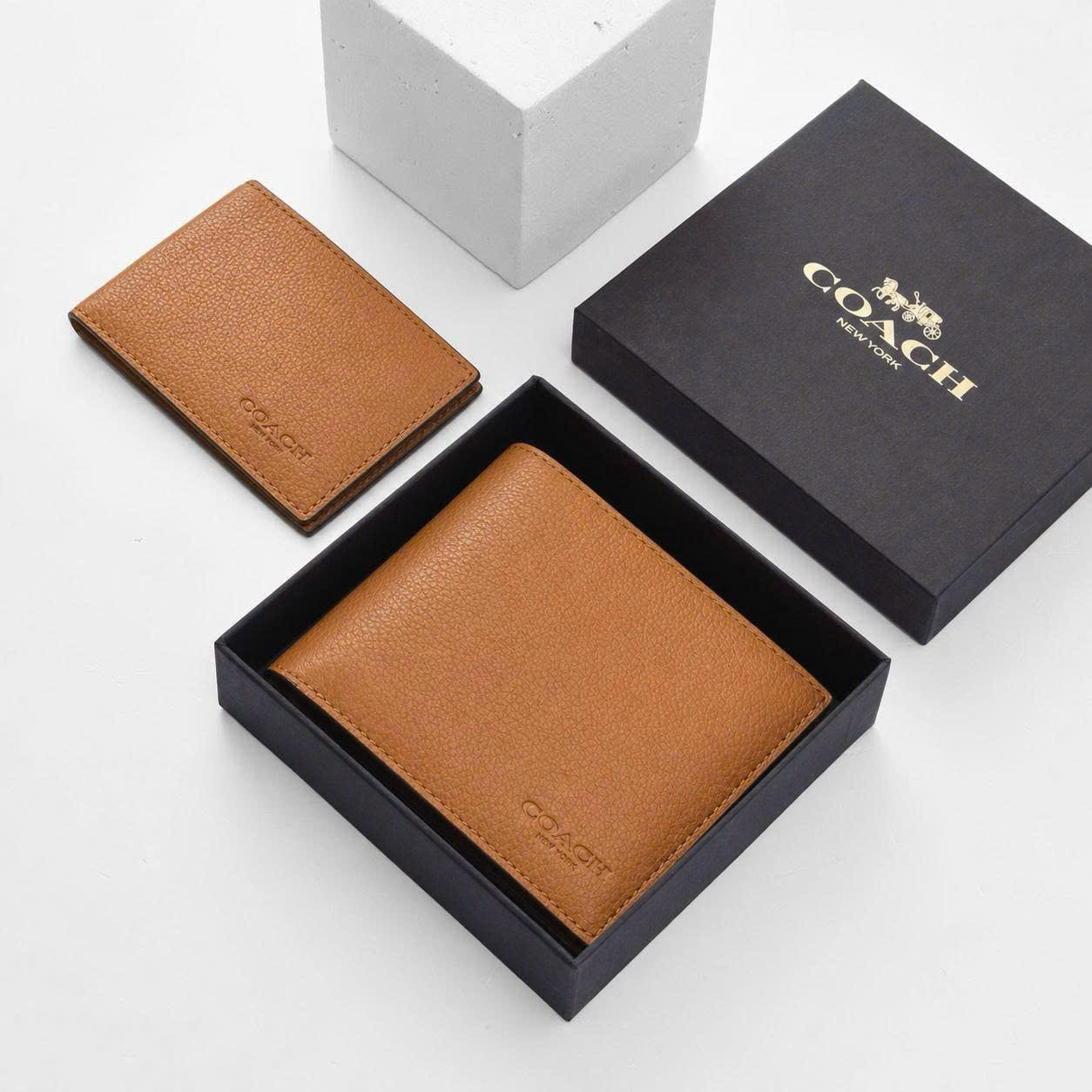 COACH CROSS LEATHER DOUBLE WALLET - TAN
