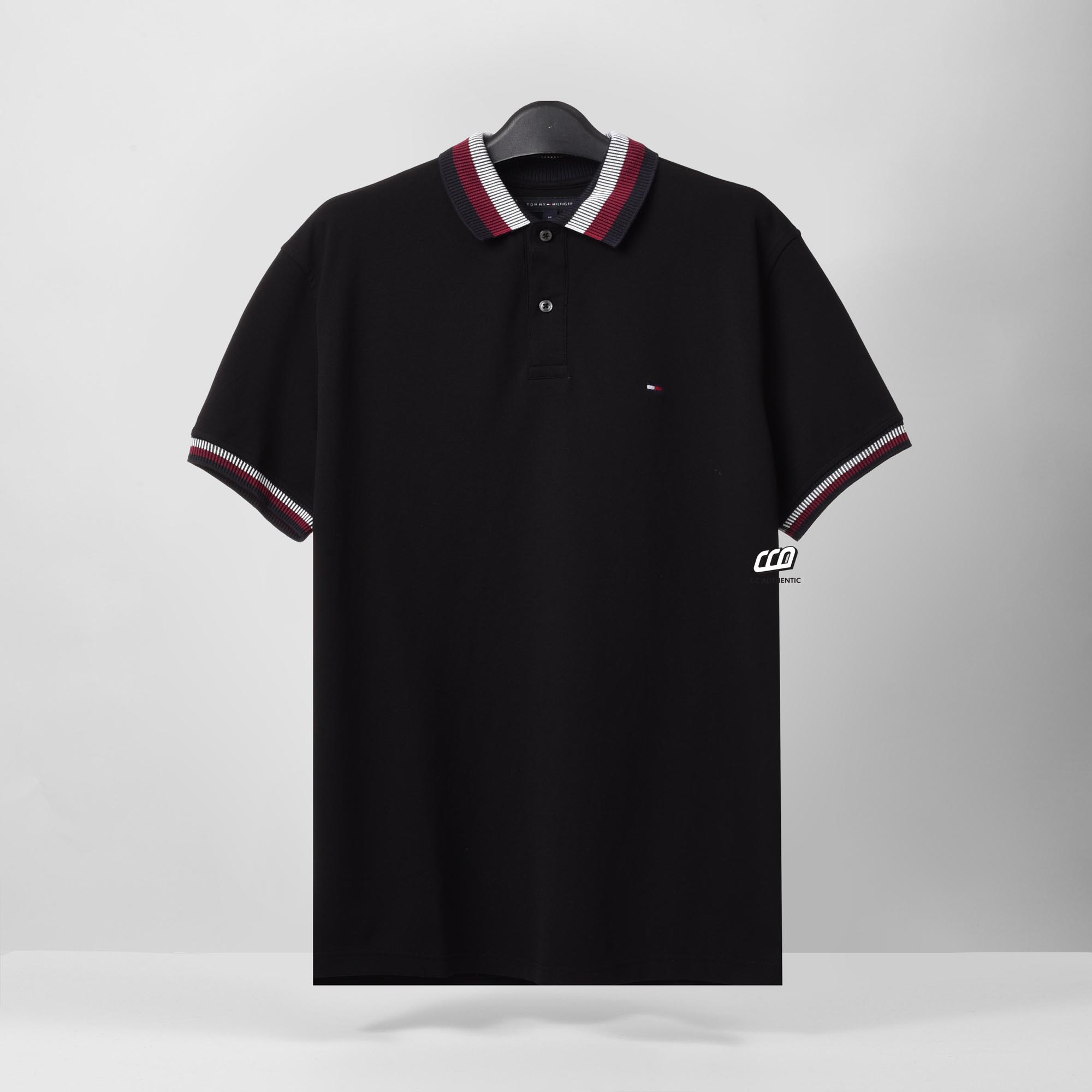 TOMMY HILFIGER LINES PIQUE POLO SHIRT - BLACK