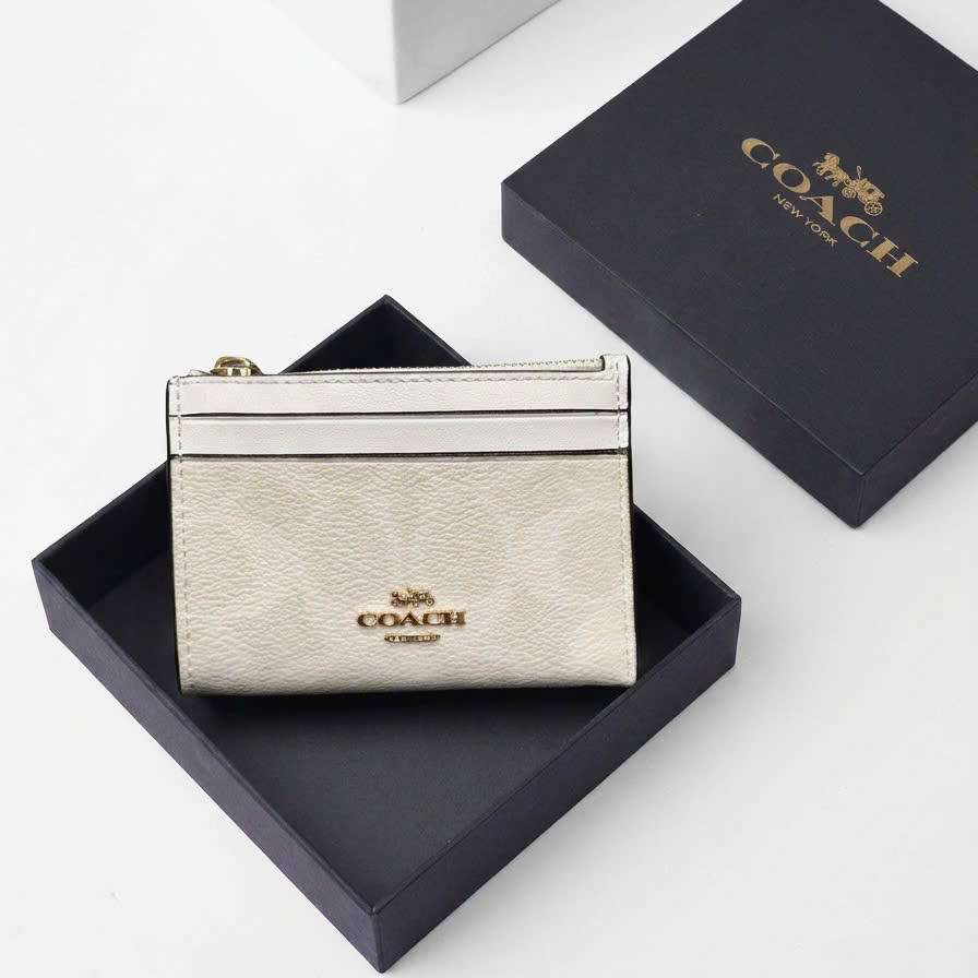 COACH SIGNATURE CANVAS SKINNY ZIP ID CARD - WHITE