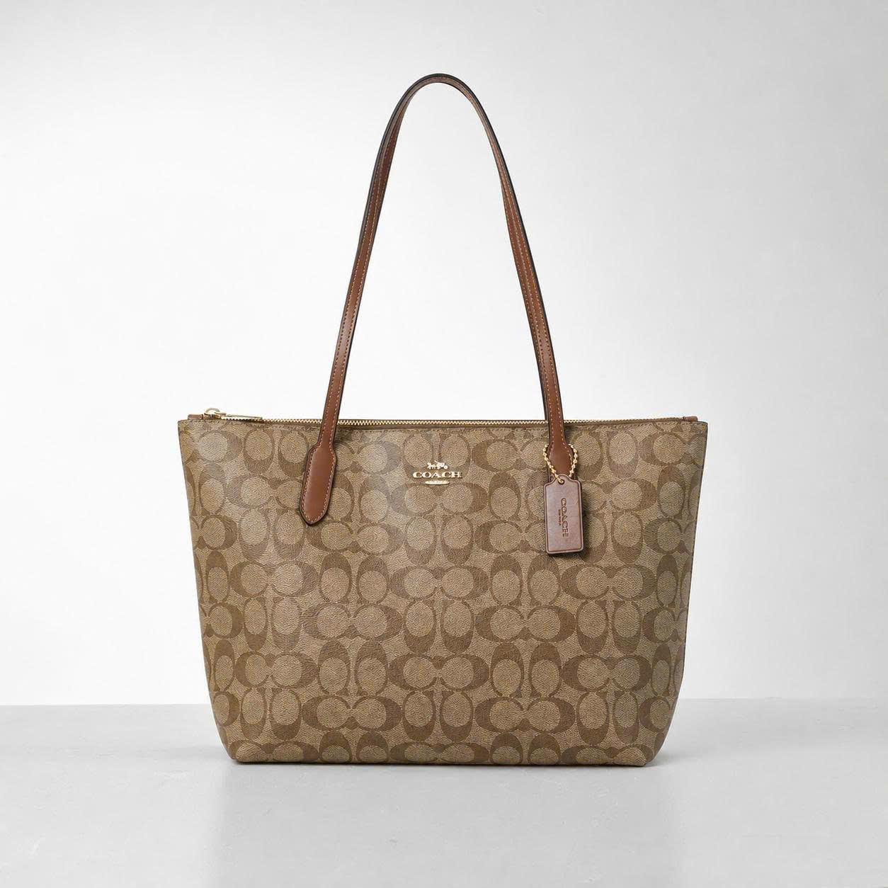 COACH SIGNATURE 4455 ZIP TOTE BAG - BEIGE