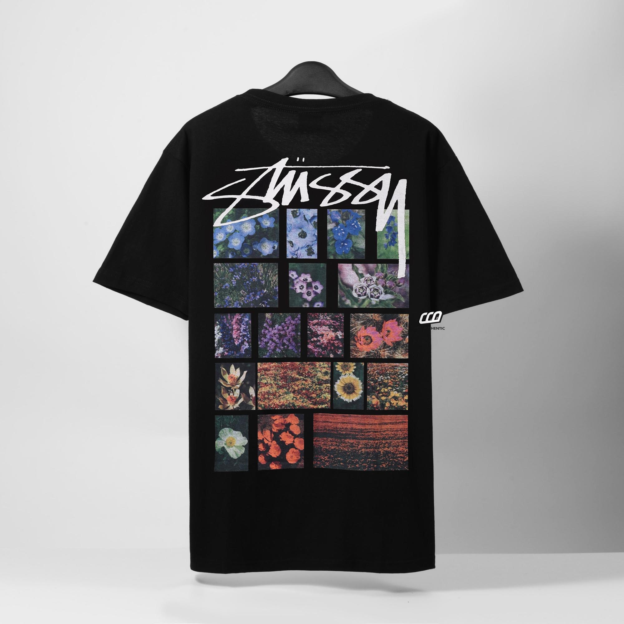 STUSSY FLOWER GRID DYED T-SHIRT - BLACK