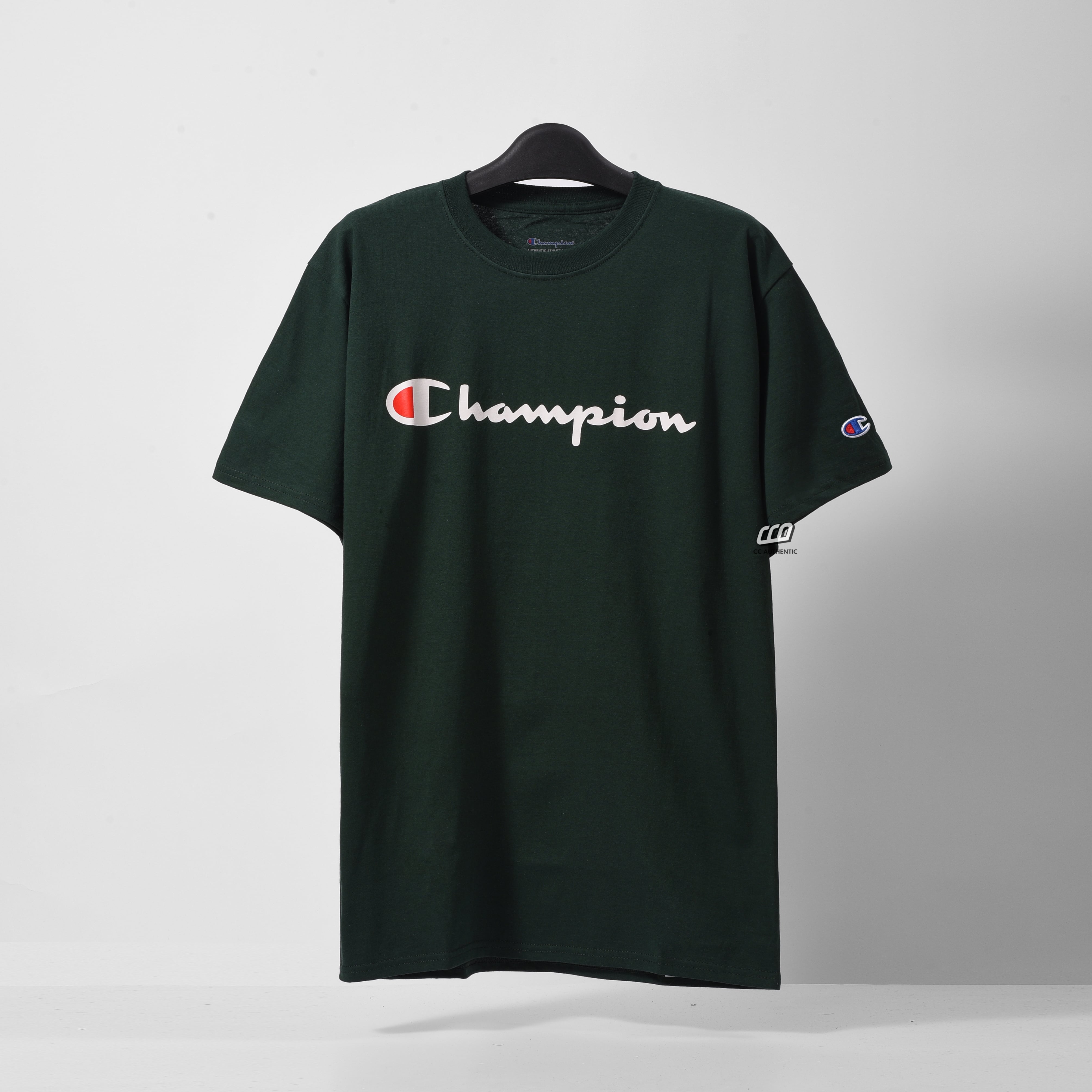 Champion Tagless Tshirt ,Printed Logo - Dark Green