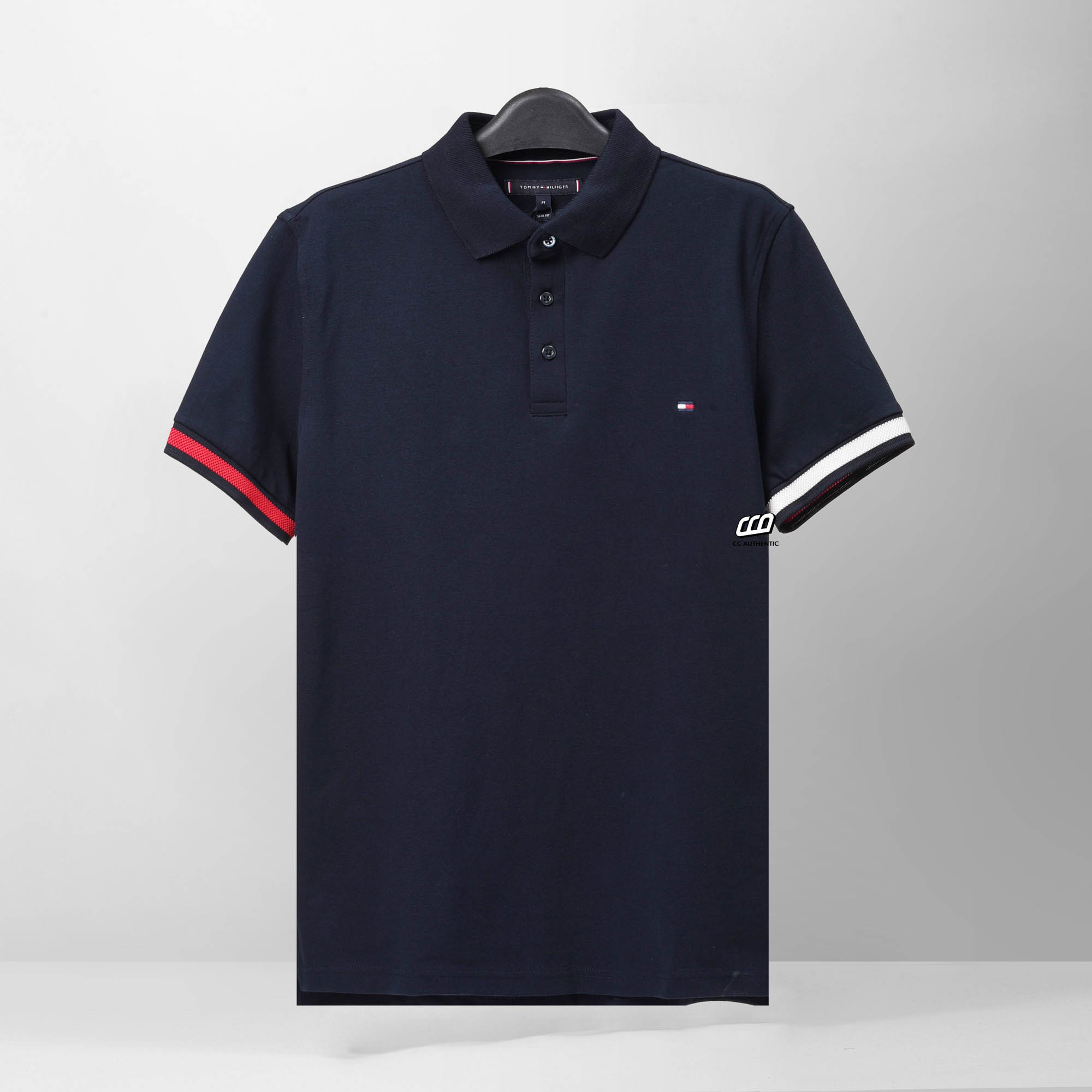 TOMMY HILFIGER FLAG CUFF POLO SHIRT - NAVY