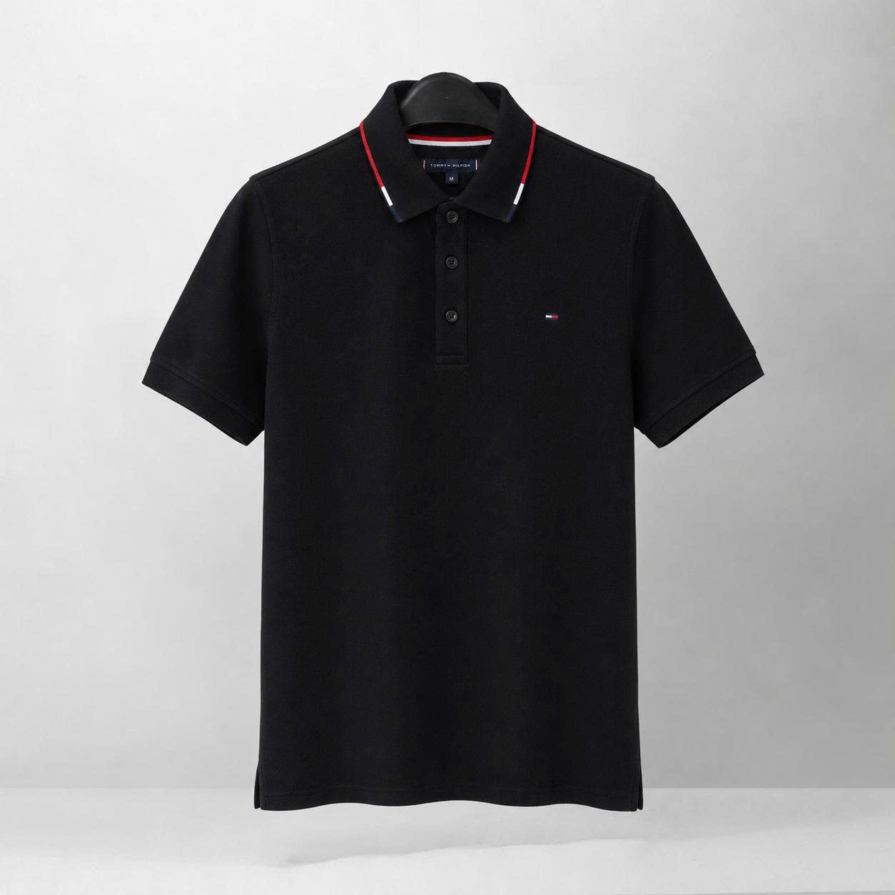 TOMMY HILFIGER FLAG CUFF POLO SHIRT - BLACK