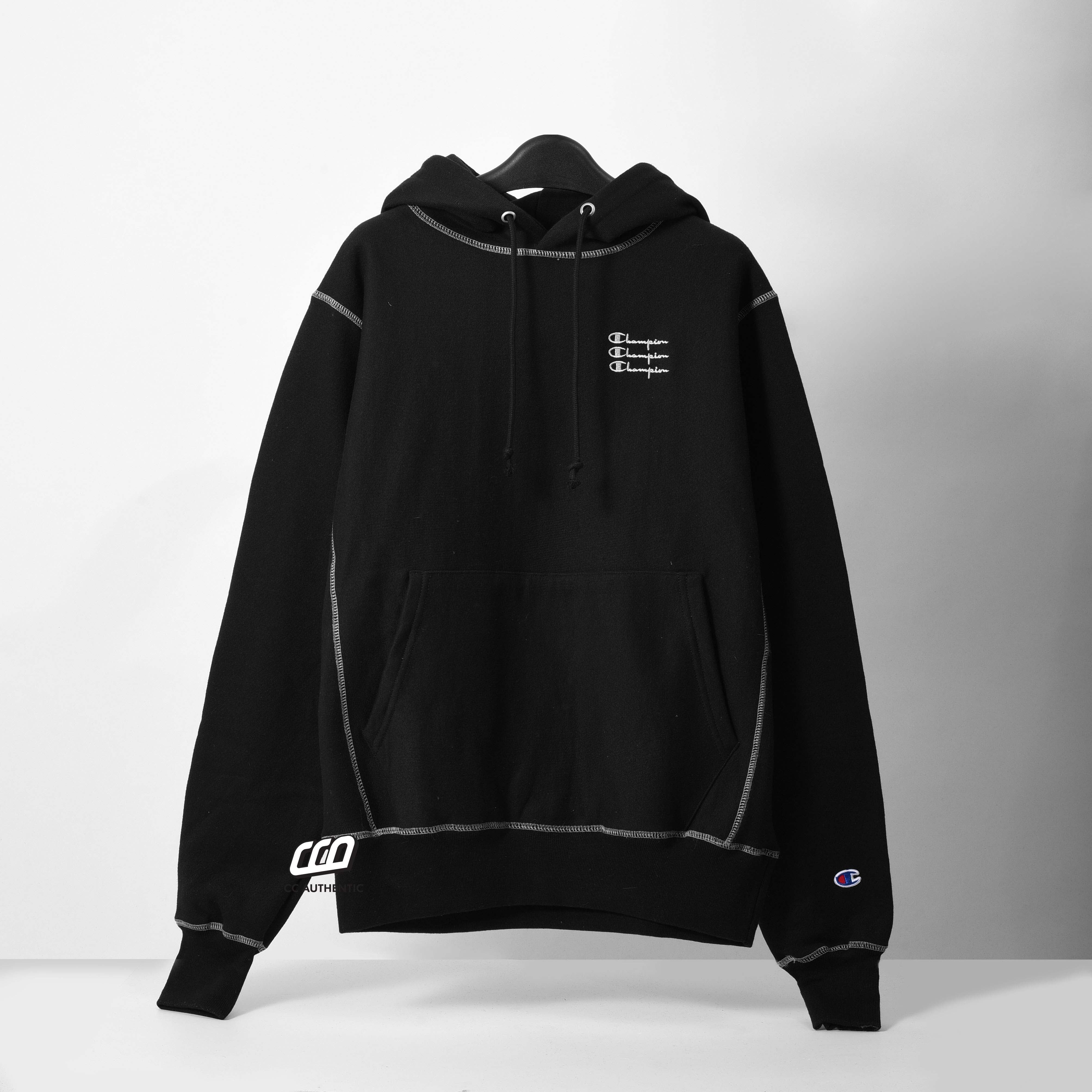 CHAMPION REVERSE WEAVE CONTRAST STITCHING PULLOVER HOODIE - BLACK
