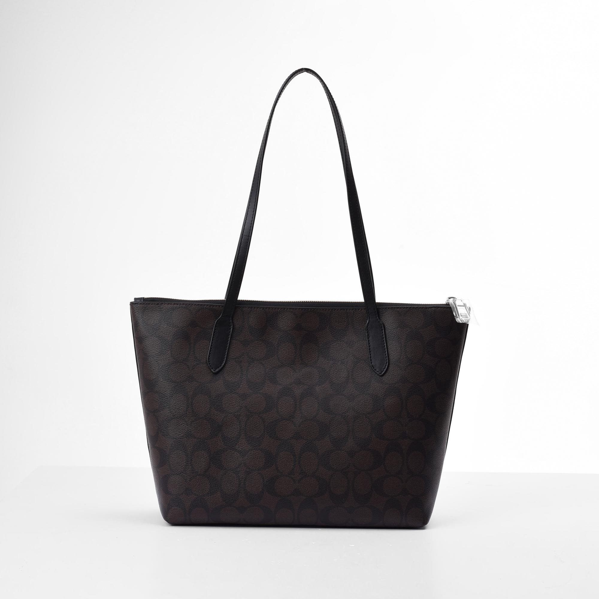 COACH SIGNATURE CANVAS ZIP TOTE BAG - BROWN