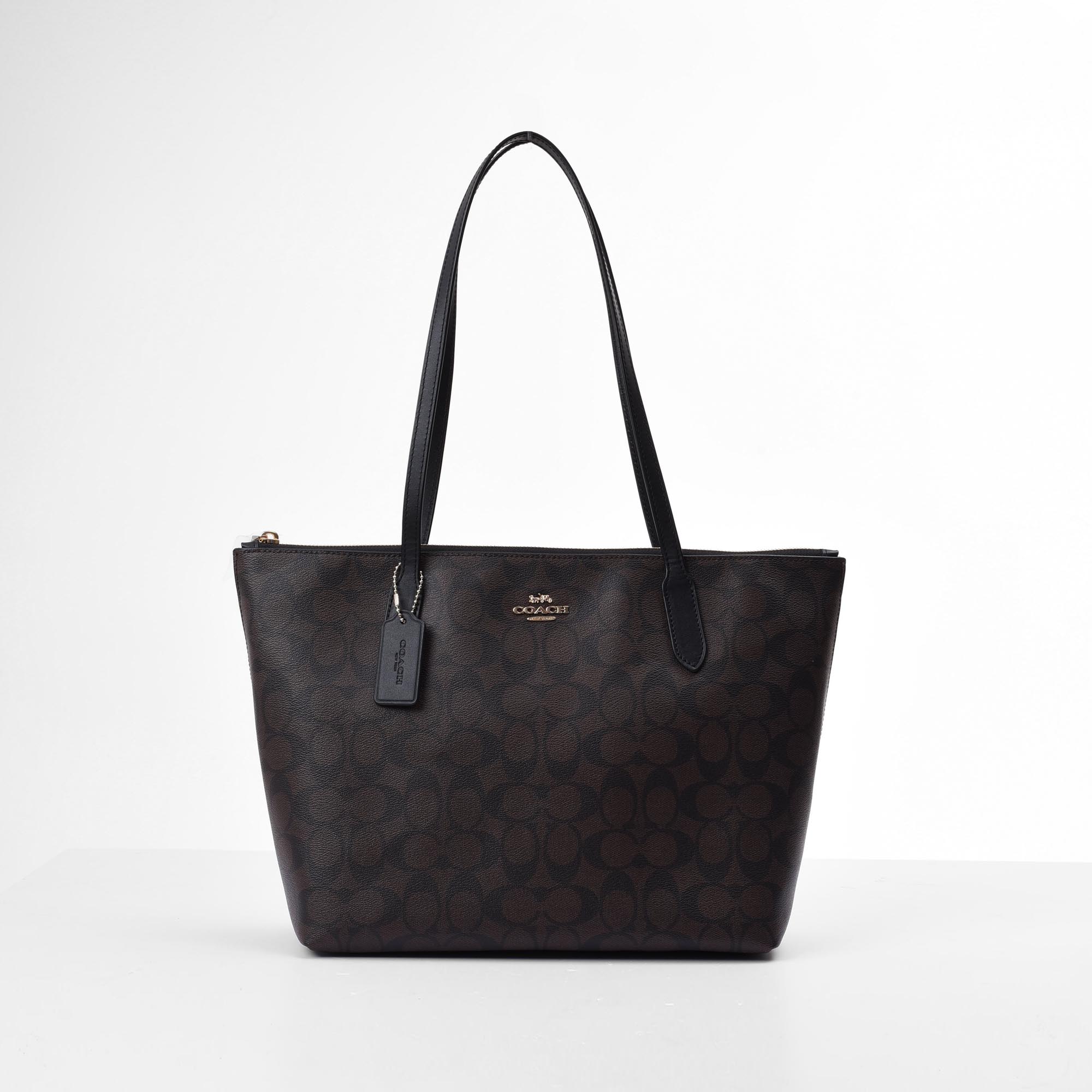 COACH SIGNATURE CANVAS ZIP TOTE BAG - BROWN